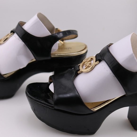 Michael Kors Black/Gold Leather Sandals - Block Heel - Picture 2 of 5
